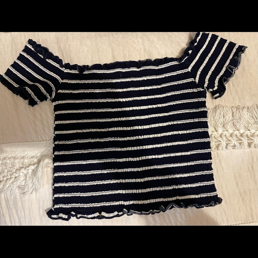 Ruched Striped Off the Shoulder Crop Top